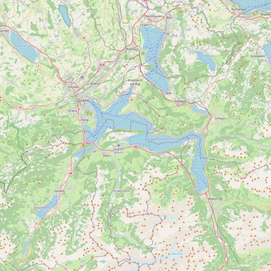 Map of Lake Lucerne from Lucerne in the north-west to Flüelen in the south-east, with Pilatus and Rigi