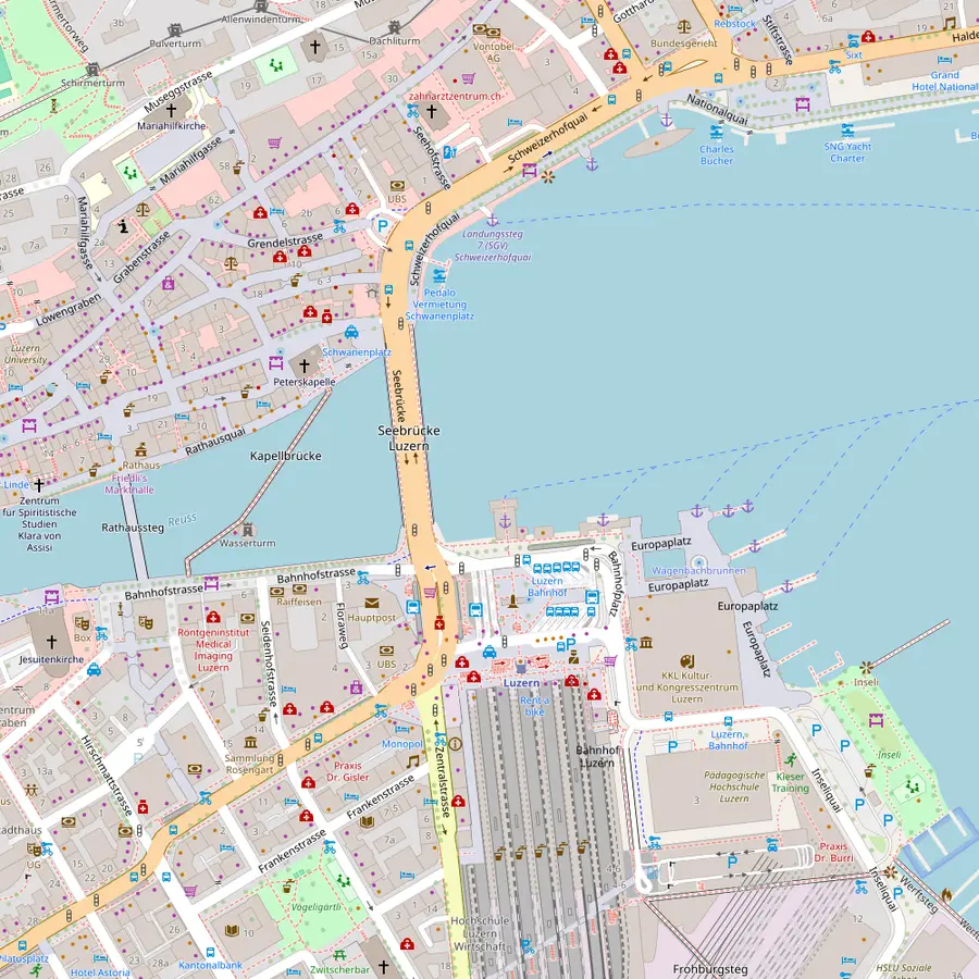 Street map of the Lucerne lakefront with piers 1, 2, 3 and 7, the Chapel Bridge and the station